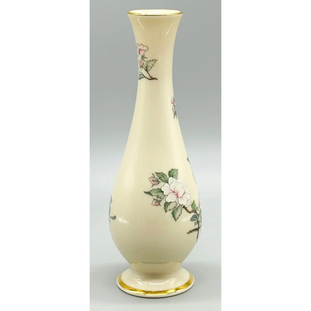 Lenox Serenade Bud Vase Cream Red Bird Floral‎ Gold Trim 8.5 inch Made USA
